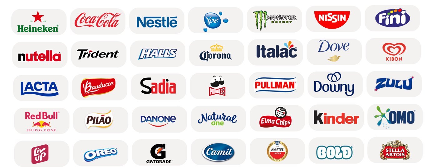 Marcas vendidas nas lojas: Heineken, Coca-Cola, Nestlé, Nutella, Lacta, Sadia, Red Bull, Kinder, Oreo, Gatorade e outras